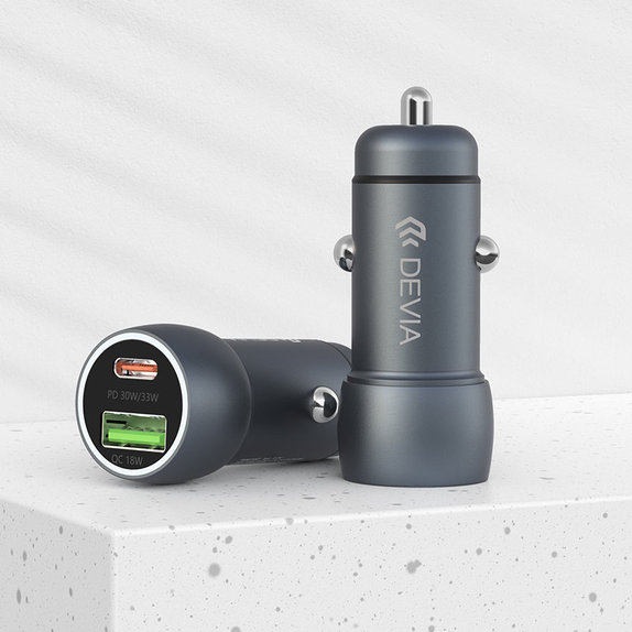Extreme Speed autós töltő USB-C + USB-A, PD 30W, QC 3.0 18W, szürke, Devia