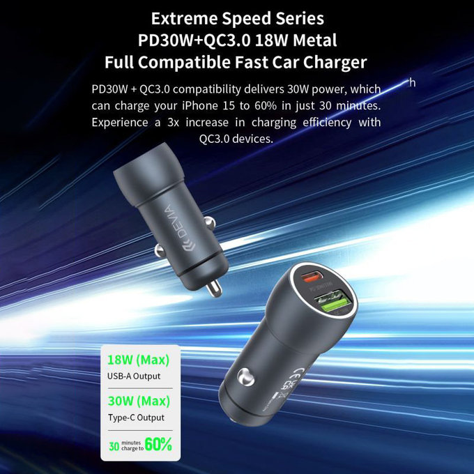 Extreme Speed autós töltő USB-C + USB-A, PD 30W, QC 3.0 18W, szürke, Devia
