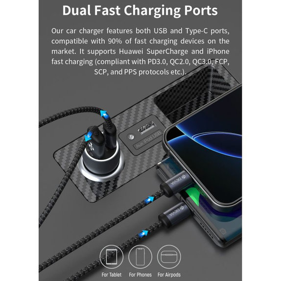 Extreme Speed autós töltő USB-C + USB-A, PD 30W, QC 3.0 18W, szürke, Devia