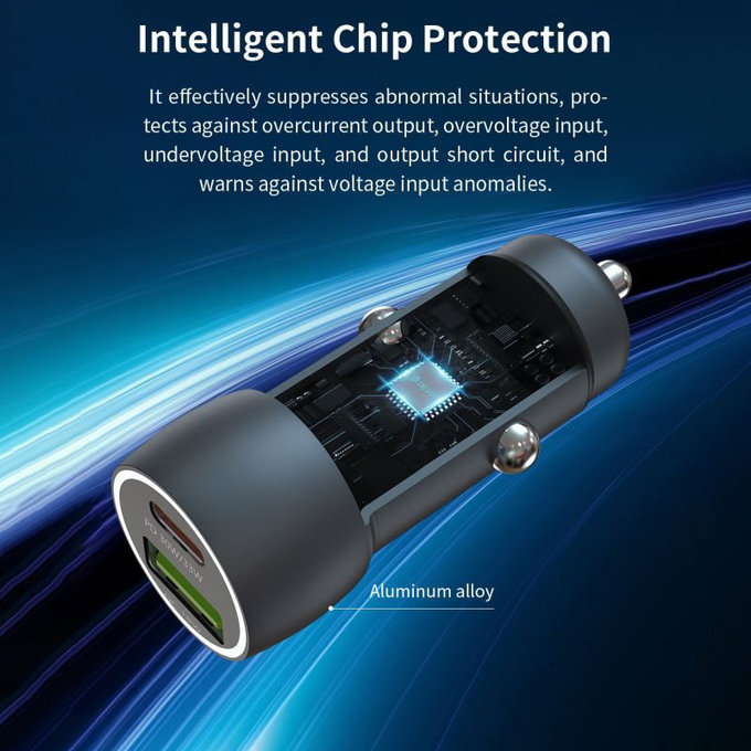 Extreme Speed autós töltő USB-C + USB-A, PD 30W, QC 3.0 18W, szürke, Devia