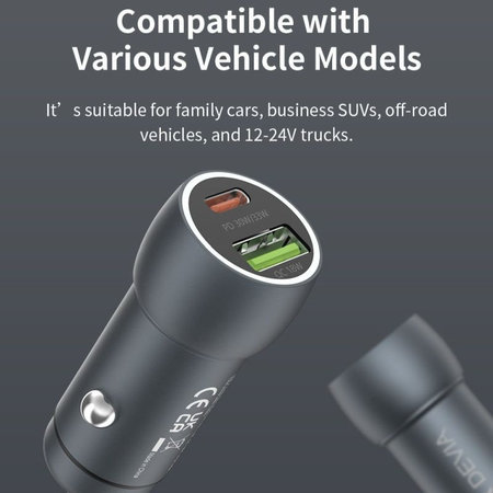 Extreme Speed autós töltő USB-C + USB-A, PD 30W, QC 3.0 18W, szürke, Devia