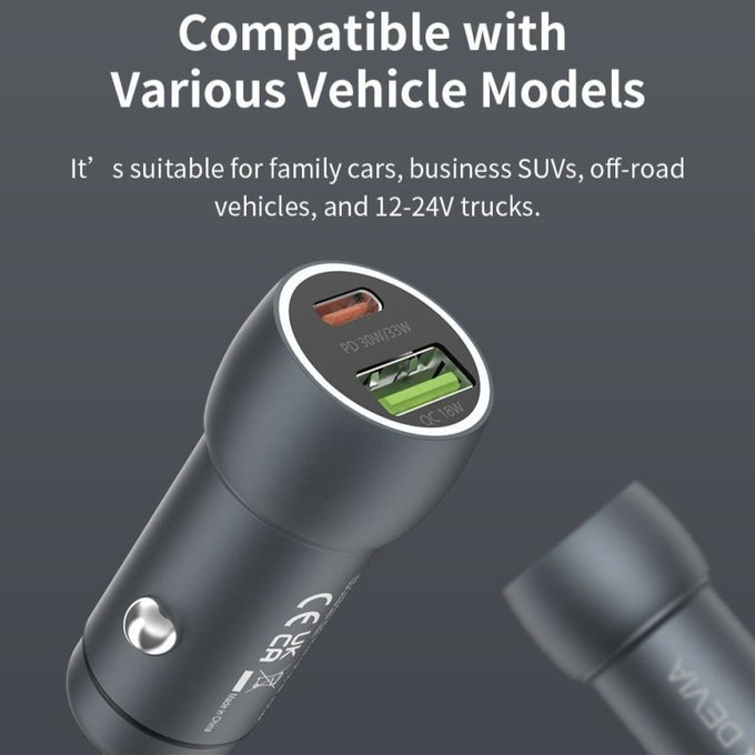 Extreme Speed autós töltő USB-C + USB-A, PD 30W, QC 3.0 18W, szürke, Devia