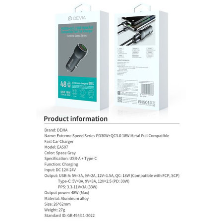 Extreme Speed autós töltő USB-C + USB-A, PD 30W, QC 3.0 18W, szürke, Devia
