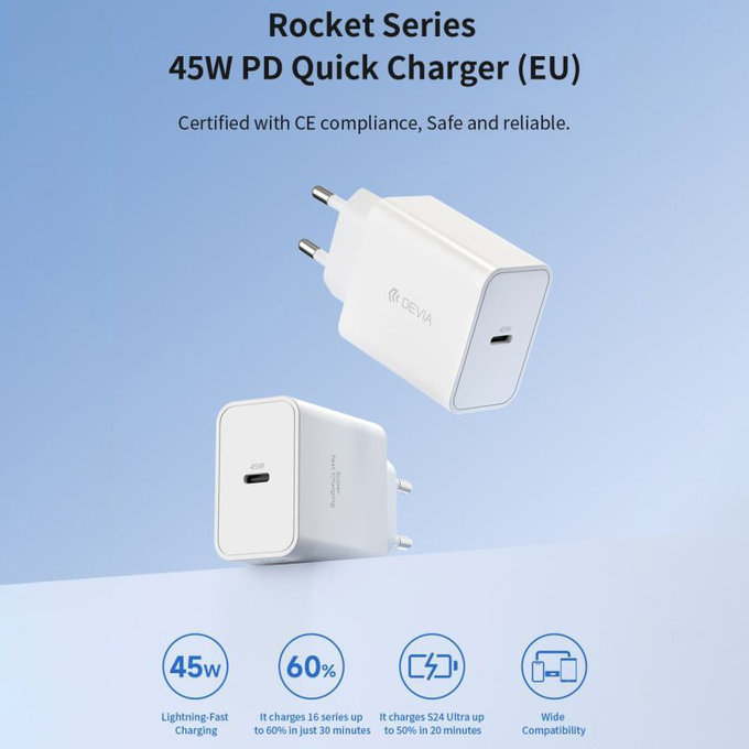Rocket USB-C töltőadapter, PD 45W, fehér, Devia