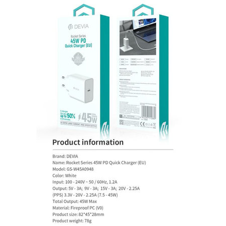Rocket USB-C töltőadapter, PD 45W, fehér, Devia
