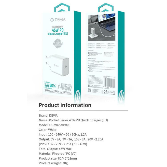 Rocket USB-C töltőadapter, PD 45W, fehér, Devia