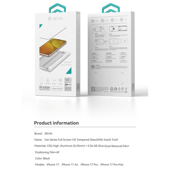 FullCover edzett üveg applikátorral iPhone 17 Pro Max, Devia