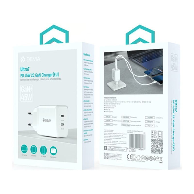 Ultra7 töltőadapter, 2x USB-C, PD 45W, fehér, Devia