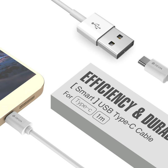 USB / USB-C kábel Smart, 2.1A, 1m, fehér, Devia