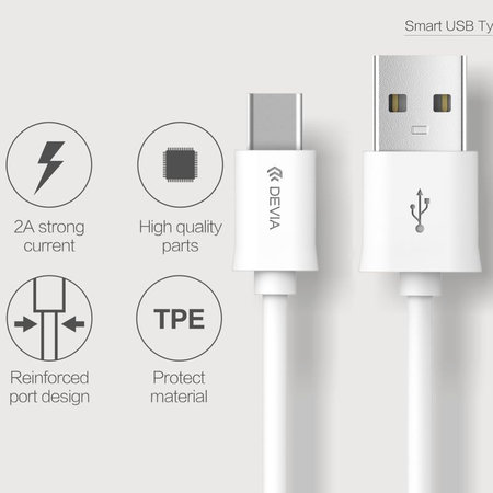 USB / USB-C kábel Smart, 2.1A, 1m, fehér, Devia