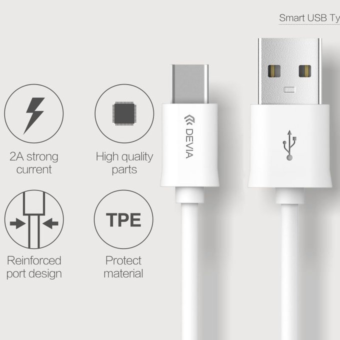 USB / USB-C kábel Smart, 2.1A, 1m, fehér, Devia