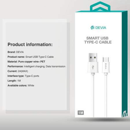 USB / USB-C kábel Smart, 2.1A, 1m, fehér, Devia