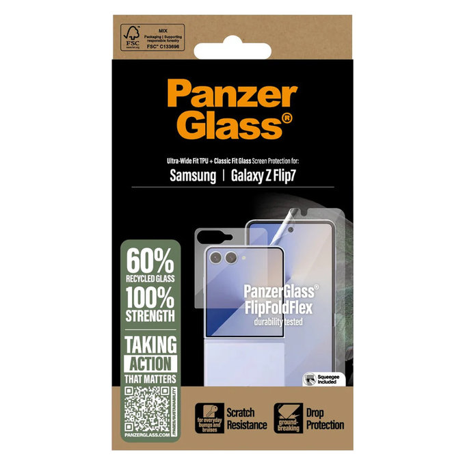 Védőfólia UWF és edzett üveg Samsung Galaxy Z Flip7 készülékhez, Átlátszó, PanzerGlass
