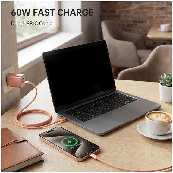 USB-C / USB-C kábel - gyorstöltés, PD 60W, 1 m, narancssárga