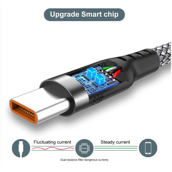 USB-A / USB-C kábel, 6A, 1m, szürke