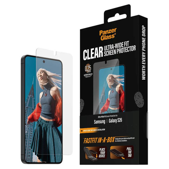 UWF edzett üveg FASTFIT In-A-Box applikátorral Samsung S26 készülékhez, Átlátszó, PanzerGlass