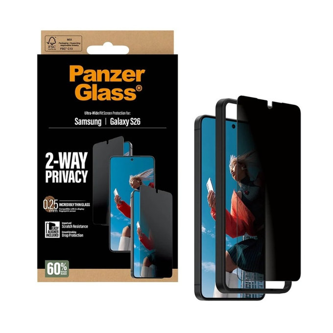 PanzerGlass - UWF 2-Way Privacy edzett üveg applikátorral Samsung Galaxy S26, átlátszó