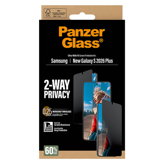 Edzett üveg UWF 2-Way Privacy applikátorral Samsung Galaxy S26+ készülékhez, Átlátszó, PanzerGlass