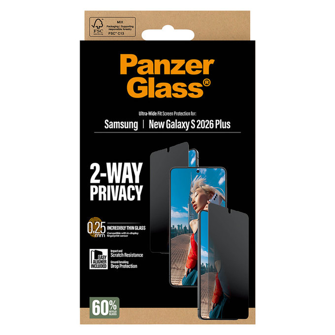 Edzett üveg UWF 2-Way Privacy applikátorral Samsung Galaxy S26+ készülékhez, Átlátszó, PanzerGlass