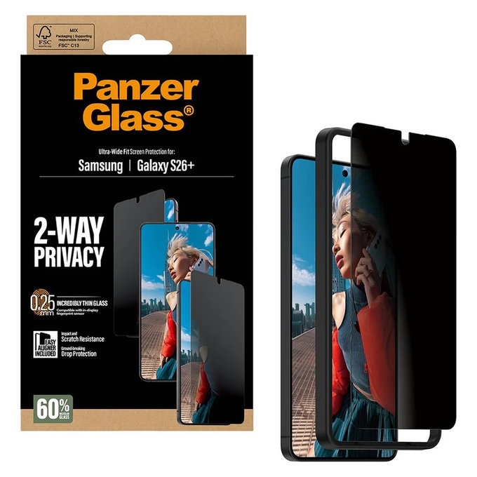 Edzett üveg UWF 2-Way Privacy applikátorral Samsung Galaxy S26+ készülékhez, Átlátszó, PanzerGlass