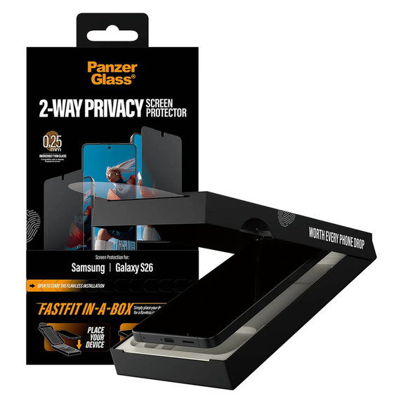 Edzett üveg UWF 2-Way Privacy FASTFIT In-A-Box rendszerrel Samsung Galaxy S26 készülékhez, Átlátszó, PanzerGlass