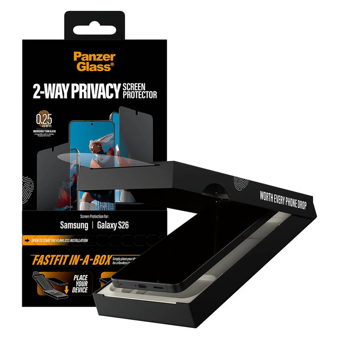 Edzett üveg UWF 2-Way Privacy FASTFIT In-A-Box rendszerrel Samsung Galaxy S26 készülékhez, Átlátszó, PanzerGlass