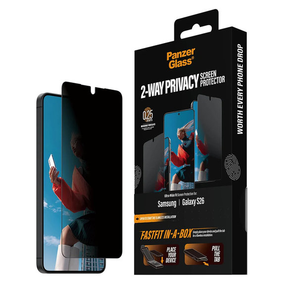 Edzett üveg UWF 2-Way Privacy FASTFIT In-A-Box rendszerrel Samsung Galaxy S26 készülékhez, Átlátszó, PanzerGlass