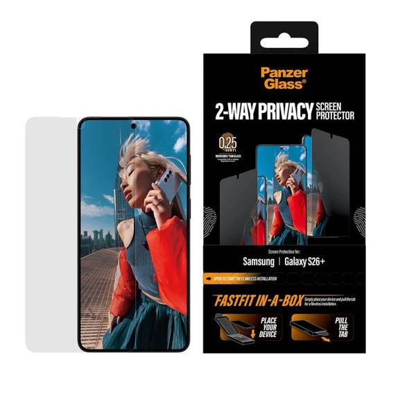 PanzerGlass - UWF 2-Way Privacy edzett üveg FASTFIT In-A-Box csomaggal Samsung Galaxy S26+ készülékhez, átlátszó