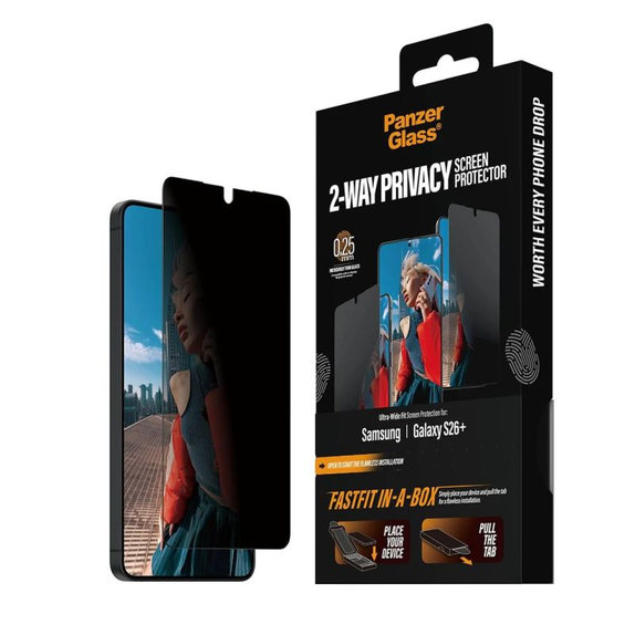PanzerGlass - UWF 2-Way Privacy edzett üveg FASTFIT In-A-Box csomaggal Samsung Galaxy S26+ készülékhez, átlátszó