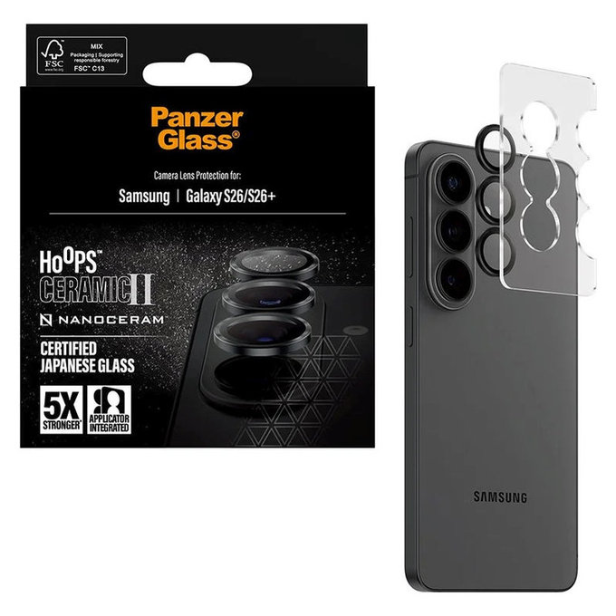 Objektívlencse védő Hoops Ceramic II Samsung S26/S26+, Fekete, PanzerGlass