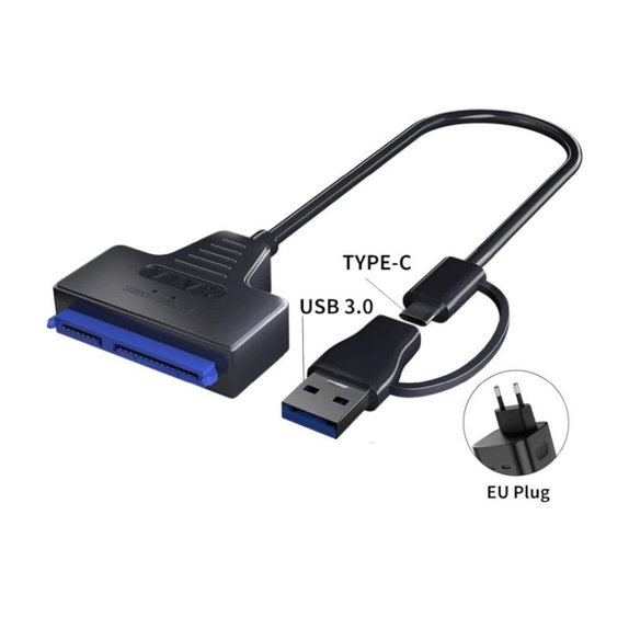 USB 3.0 / USB-C–SATA adapter 2.5" és 3.5" HDD/SSD-hez, tápegységgel