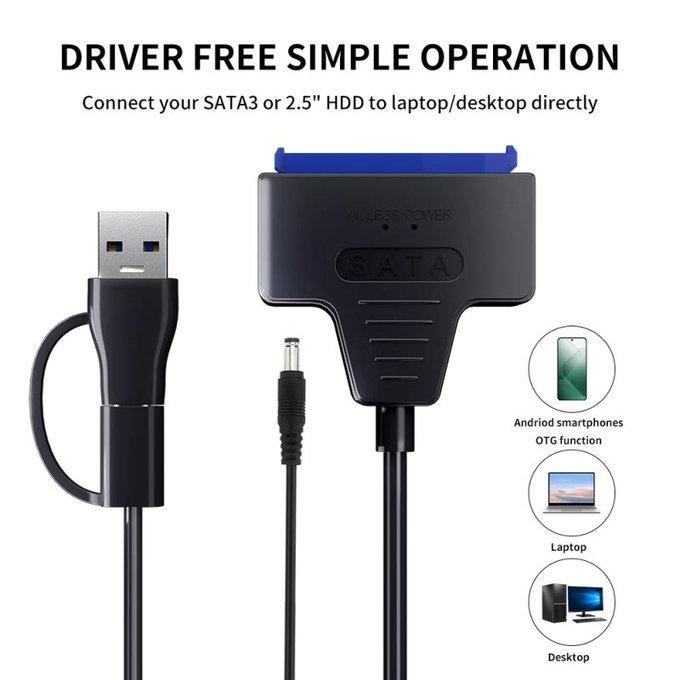 USB 3.0 / USB-C–SATA adapter 2.5" és 3.5" HDD/SSD-hez, tápegységgel