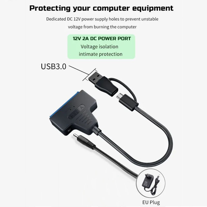 USB 3.0 / USB-C–SATA adapter 2.5" és 3.5" HDD/SSD-hez, tápegységgel