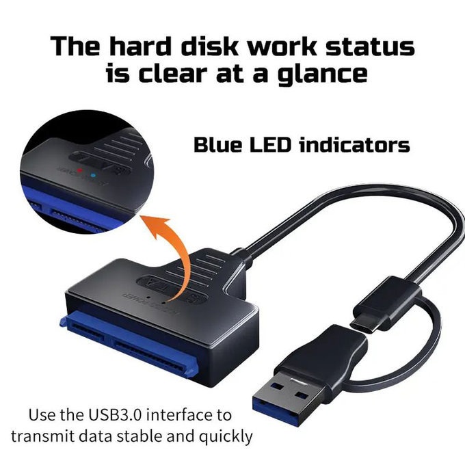 USB 3.0 / USB-C–SATA adapter 2.5" és 3.5" HDD/SSD-hez, tápegységgel