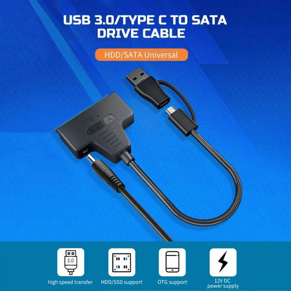 USB 3.0 / USB-C–SATA adapter 2.5" és 3.5" HDD/SSD-hez, tápegységgel