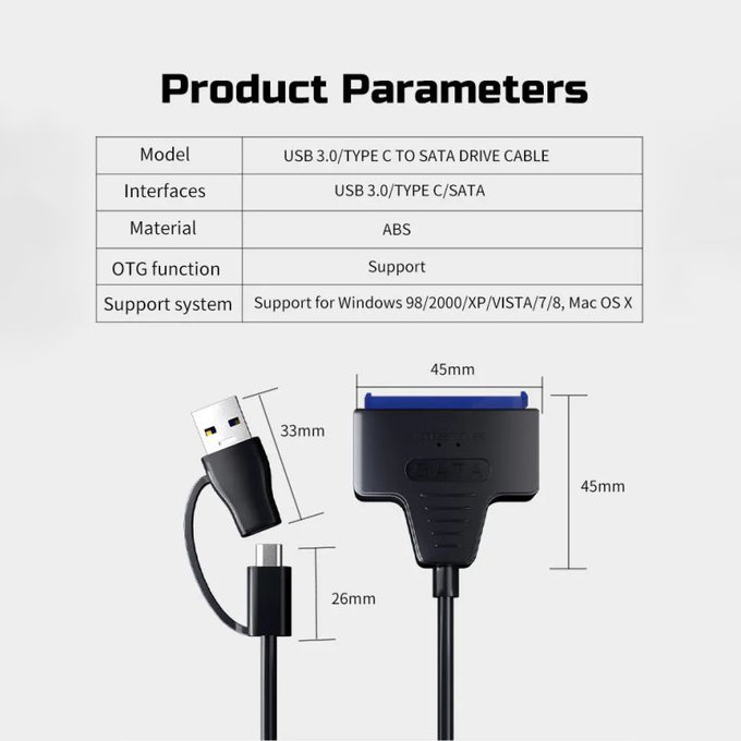 USB 3.0 / USB-C–SATA adapter 2.5" és 3.5" HDD/SSD-hez, tápegységgel