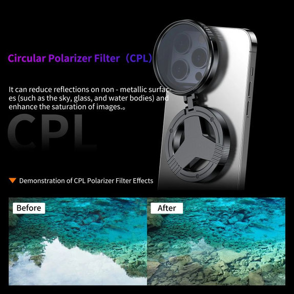 CPL polarizációs szűrő 52mm, mágneses okostelefon-tartóval