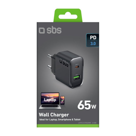 Utazási adapter USB-A/USB-C, GaN, 65 W PD, fekete, SBS