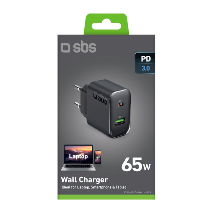 Utazási adapter USB-A/USB-C, GaN, 65 W PD, fekete, SBS