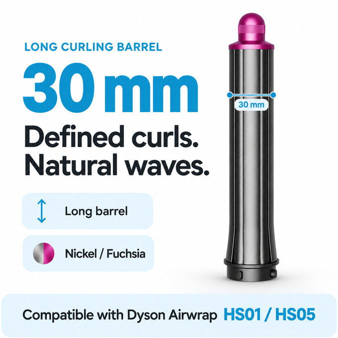 Hosszú göndörítő henger Dyson Airwrap HS01, HS05 készülékhez, 30 mm, Nickel / Fuchsia