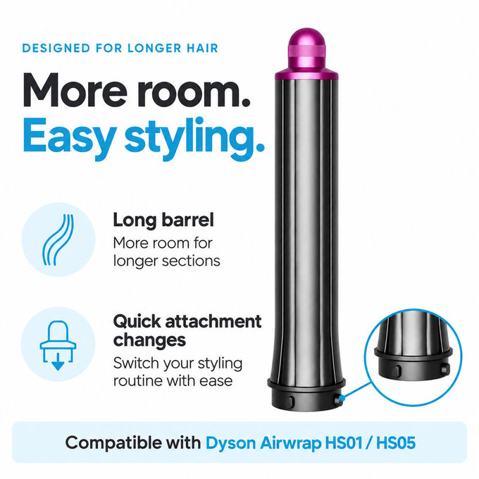 Hosszú göndörítő henger Dyson Airwrap HS01, HS05 készülékhez, 30 mm, Nickel / Fuchsia