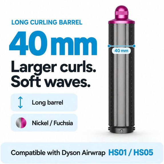 Hosszú göndörítő henger Dyson Airwrap HS01, HS05 készülékhez, 40 mm, Nickel / Fuchsia