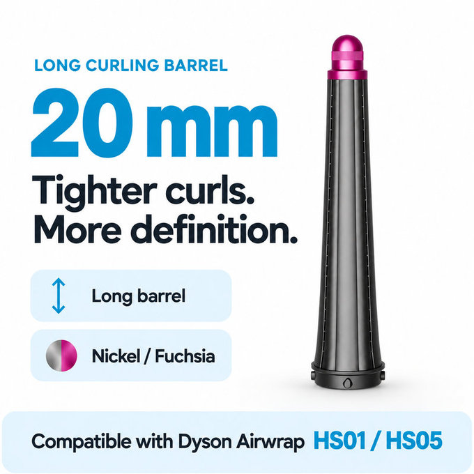 Hosszú göndörítő henger Dyson Airwrap HS01, HS05 készülékhez, 20 mm, Nickel / Fuchsia