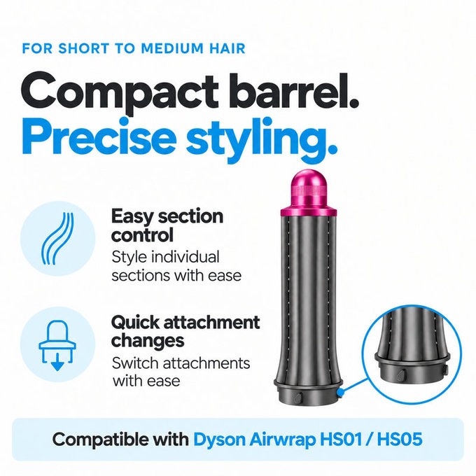 Rövid göndörítő henger Dyson Airwrap HS01, HS05 készülékhez, 30 mm, Nickel / Fuchsia