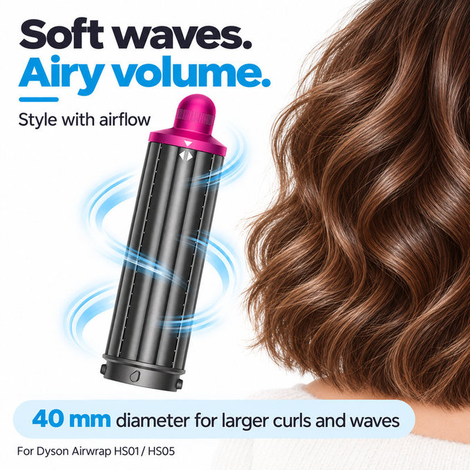 Rövid göndörítő henger Dyson Airwrap HS01, HS05 készülékhez, 40 mm, Nickel / Fuchsia