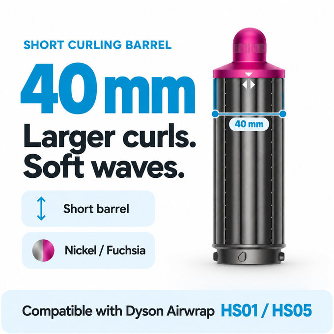 Rövid göndörítő henger Dyson Airwrap HS01, HS05 készülékhez, 40 mm, Nickel / Fuchsia