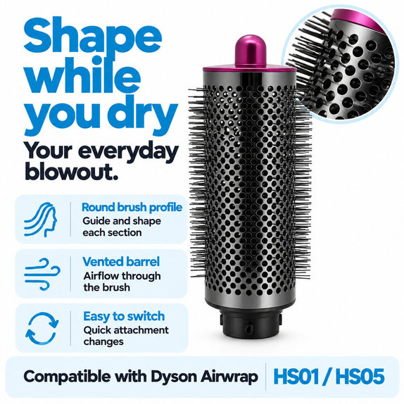 Nagy kerek volumennövelő kefe Dyson Airwrap HS01, HS05 készülékhez, Iron / Fuchsia