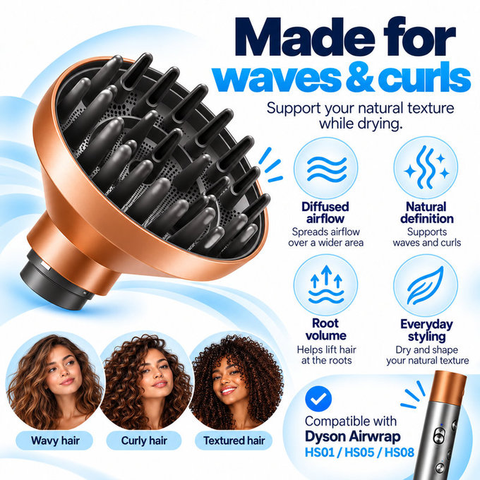 Wave + Curl diffúzor Dyson Airwrap HS01, HS05, HS08 készülékhez, Copper