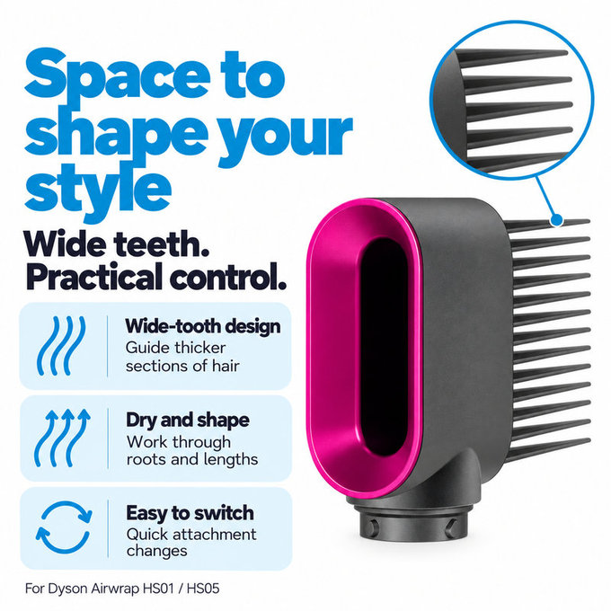 Széles fogú fésű Dyson Airwrap HS01, HS05 készülékhez, Iron / Fuchsia