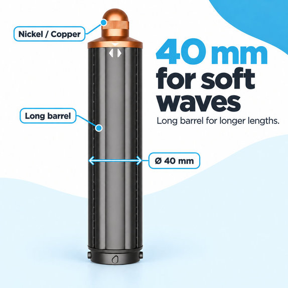 Hosszú göndörítő henger Dyson Airwrap HS01, HS05 készülékhez, 40 mm, Nickel / Copper